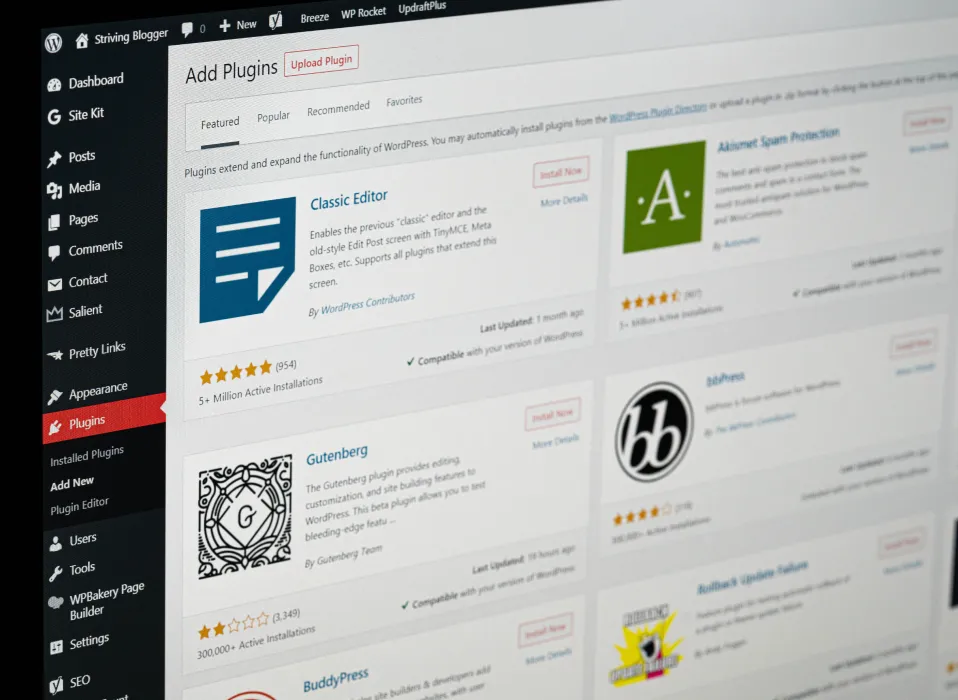 Tableau de bord plugins wordpress